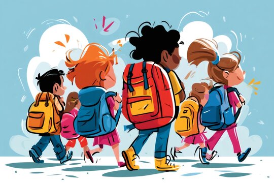 Diverse children walking to school carrying colorful backpacks