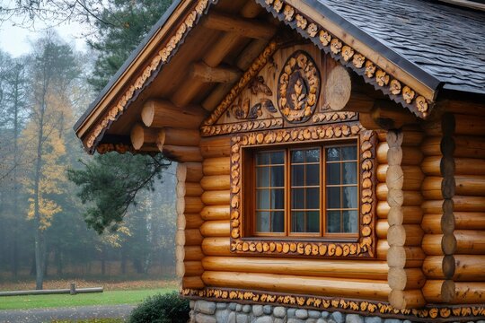 Rustic wooden log cabin with decorative carvings