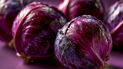 Obraz premium Fresh raw whole red cabbage heads on dark purple surface with vegetable nutrition vitamins agriculture