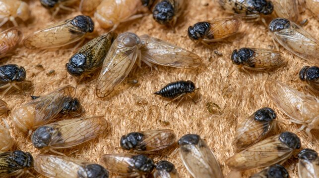 Cicada nymphs and adults emerging, close up natural habitat