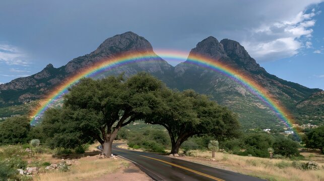 Rainbow arching over mountains, trees, and winding road