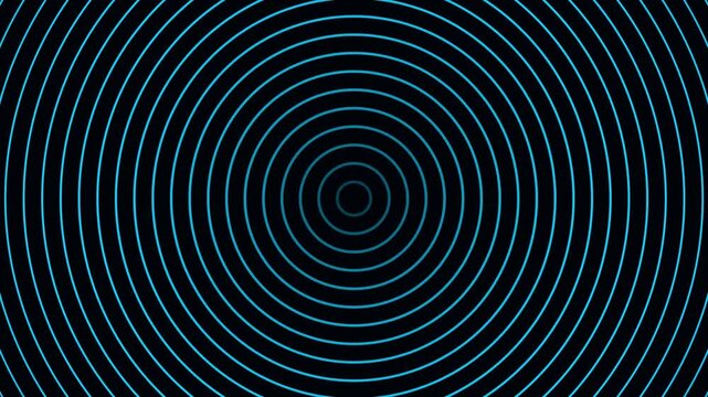 Blue concentric circles on a black background loop, abstract vector motion graphic element representing sound waves or radar