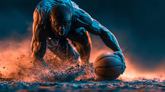 Athletic basketball player dribbling ball on court with motion blur basketball movement competitive