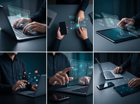 A person interacting with various digital devices and holographic interfaces, showcasing modern technology and connectivity.