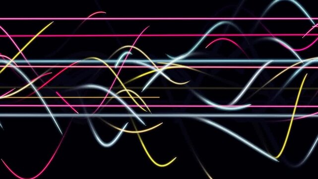 A dynamic abstract motion loop featuring vibrant neon pink light ribbons twisting across a dark background. This kinetic light painting visualization is perfect for music videos, futuristic overlays, 