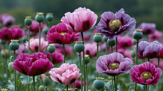 Opium poppies blooming in a vibrant field
