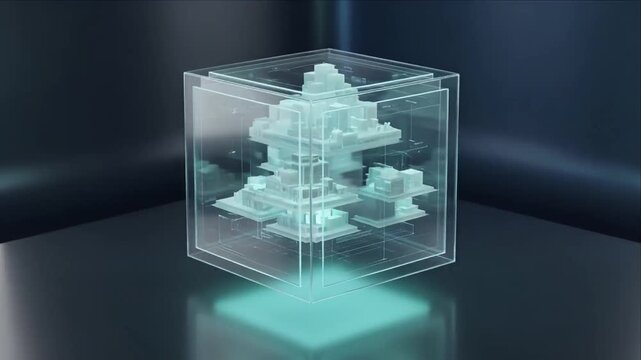 Technology 3d render transparent cube data structure digital network server cloud concept, glowing geometric hologram circuit security innovation with futuristic city model clear glass box dark