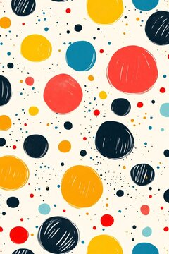 Colorful hand drawn polka dots pattern with ink splatters
