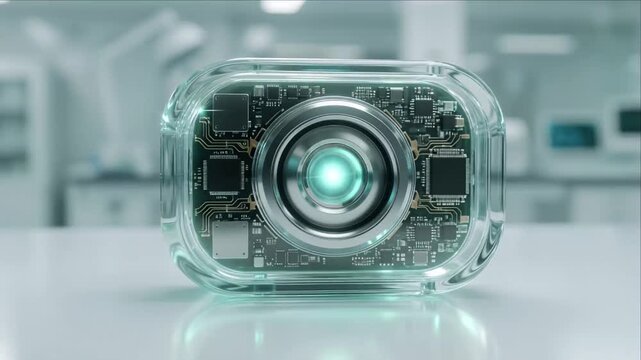 Transparent camera module with lens, circuit board and sensor electronics technology, futuristic glass device featuring circuit and microchip in modern laboratory interior close up view