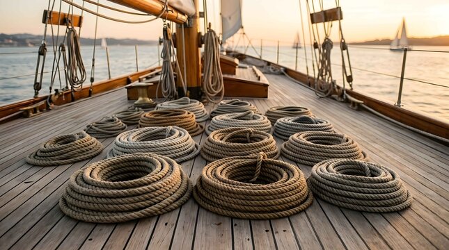 Coiled nautical ropes on a wooden sailboat deck at golden hour sunset