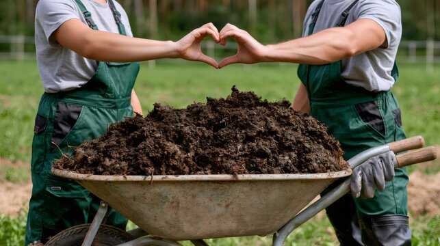 Farmers making heart shape over wheelbarrow with compost