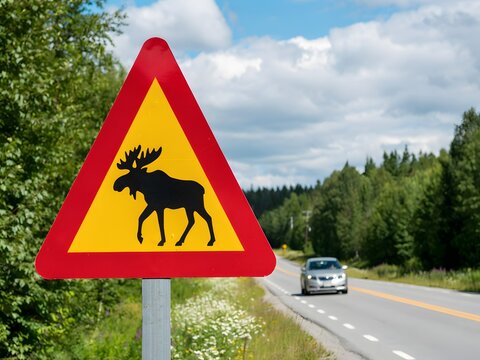 Yellow wildlife warning sign with moose crossing road in scenic mountain forest landscape