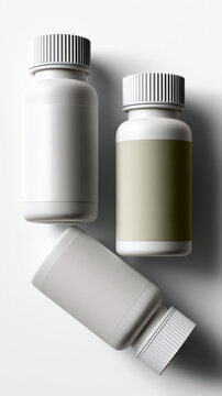 Three white plastic medicine bottles with blank labels and screw caps, arranged on white background, pharmaceutical packaging concept