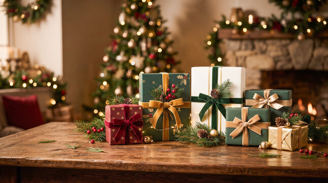 Elegantes regalos navide&ntilde;os envueltos con cintas, ramas de abeto y decoraci&oacute;n dorada, composici&oacute;n premium ideal para campa&ntilde;as comerciales de Navidad.