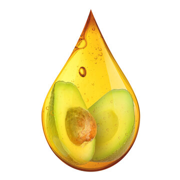 Avocado oil drop with fresh fruit and bubbles inside on transparent background