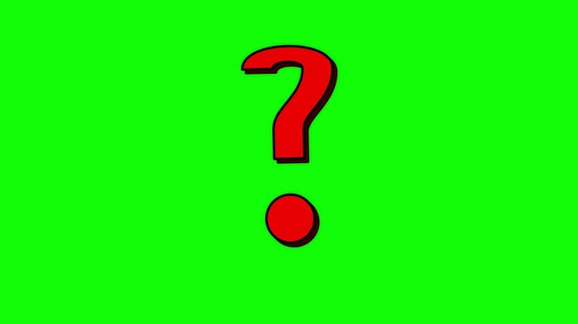 Vibrant red question mark Motion Graphic animation appearing on a bright green chroma key screen, ideal for conveying queries, uncertainty, or mystery concepts in video projects and presentations