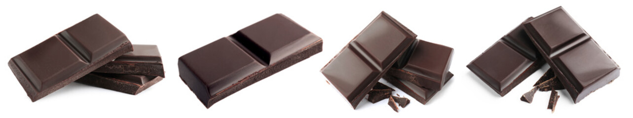 Fototapeta premium Pieces of dark chocolate isolated on white, set