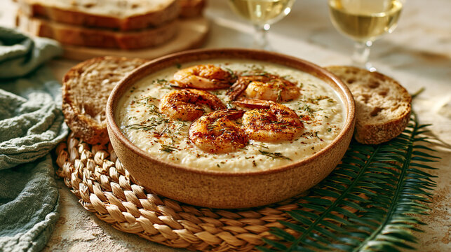 Bowl of savory shrimp and grits with sliced bread and white wine delicious appetizer restaurant