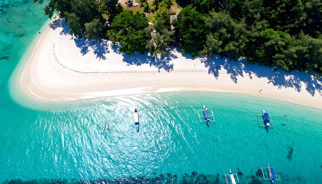 Tropical white sand beach with turquoise water and traditional wooden boats anchored in the calm shallow sea