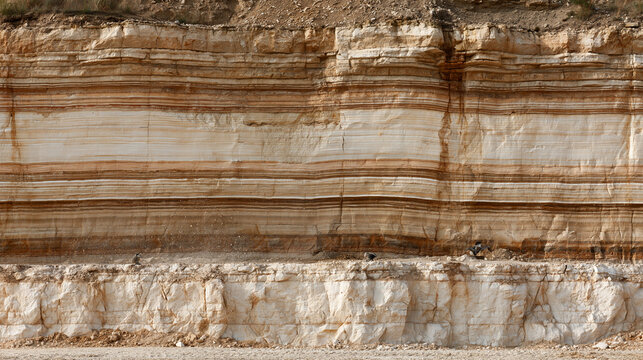 photorealistic industrial photography, close-up of a layered limestone quarry rock face with visible strata and drilling marks, dust particles in soft sunlight, crisp mineral textu
