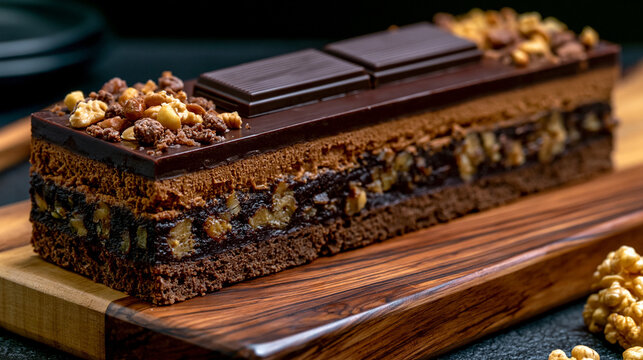 Gourmet chocolate layer cake slice with nut crumbles chocolate decadent delicious culinary catering