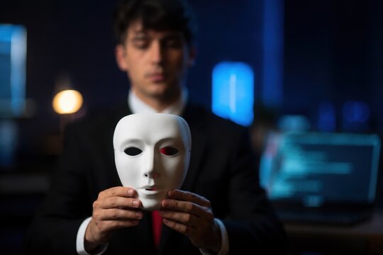  Homme d'affaires flou tenant un masque blanc au premier plan, concept d'anonymat en ligne, de deepfake et de cybercriminalit&eacute; corporative