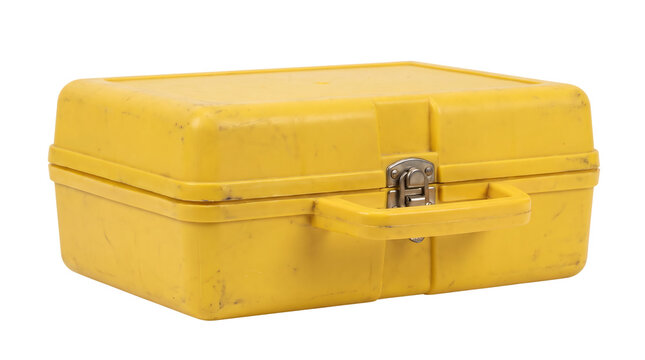 Small yellow plastic storage case with a secure metal latch for tools or gear isolated on transparent background