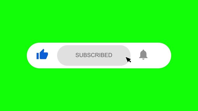 Motion Graphic animation of YouTube style subscribe button, like icon, and notification bell on a green screen background