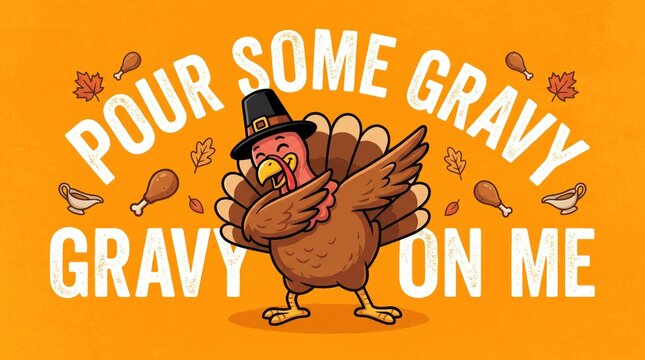 A funny cartoon turkey wearing a pilgrim hat dabbing with text that says pour some gravy on me thanksgiving