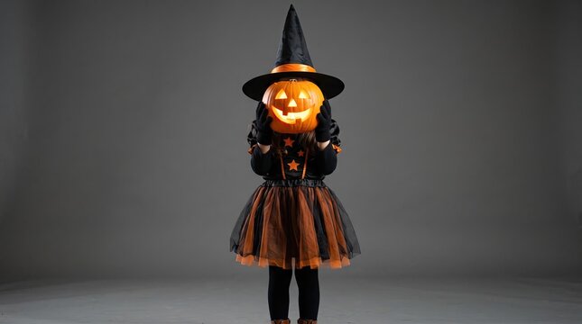 A spooky girl wearing a witch hat and a glowing pumpkin head for a fun halloween celebration party