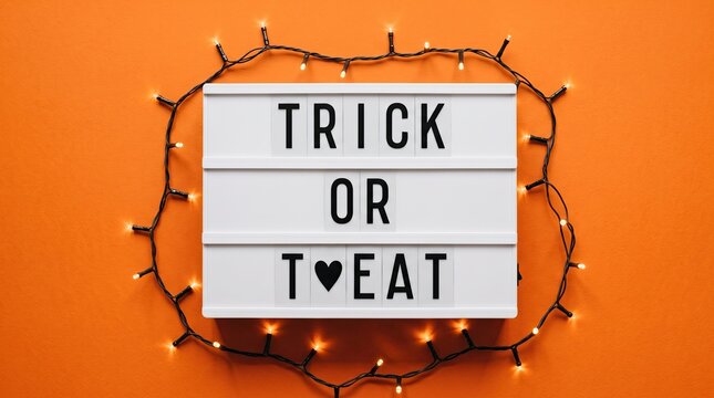 A cinematic lightbox sign displaying the phrase trick or treat on a festive orange background for halloween holiday celebrations