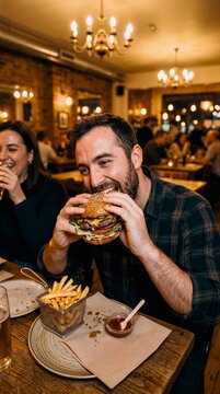 Man eating burger and fries at casual restaurant with wooden table and brick wall