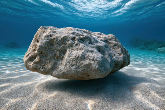 Large rounded rock underwater blue ocean clear water sandy seabed sunlight tranquil natural serene peaceful aquatic scene