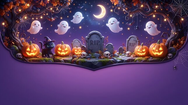 Halloween graveyard scene with ghosts and pumpkins