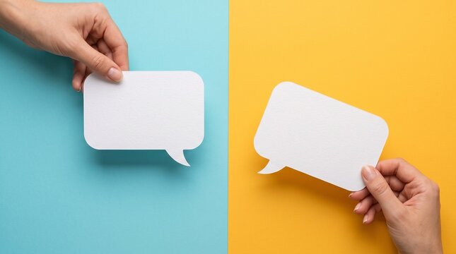 Hands holding white empty speech bubbles over a vibrant split background of bright blue and sunny yellow for creative communication