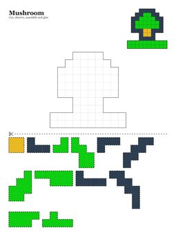 Pixel Mushroom Cut and Glue Puzzle &mdash; Printable Scissor Activity for Kids
