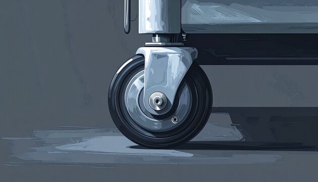 Close up of industrial caster wheel on metal surface.
