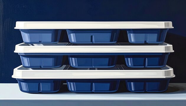 Stacked Blue Plastic Food Containers with Lids on Table.