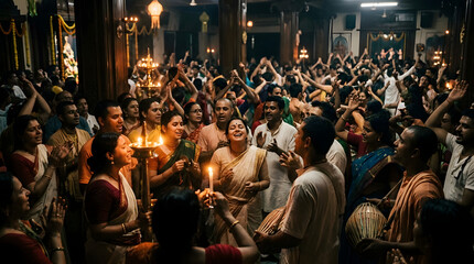 Obraz premium A large group of people celebrating and dancing joyfully inside a temple with hands raised in the air.
