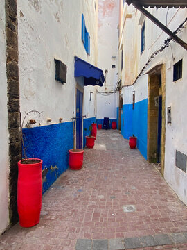 Typical colourful street of Essaouira old city, Morocco