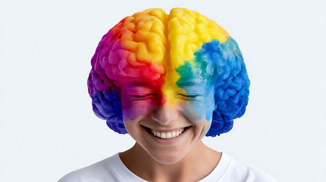 happy smiling brain illustration in bright rainbow colors for mental health concept design