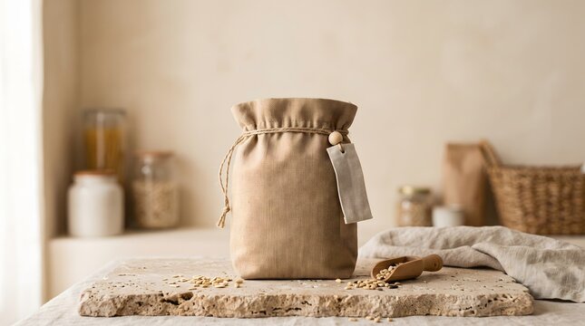 Burlap jute pouch mockup with a blank tag for organic grain on a travertine stone board next to a wooden scoop and grains.