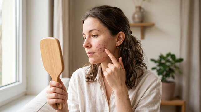 Young woman examining her face with acne in a wooden hand mirror while sitting near a bright sunlit home window