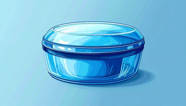 Transparent Blue Plastic Container with Lid Isolated on Light Background.