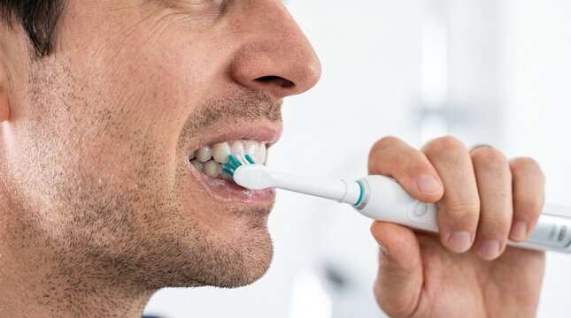 Man brushing his white teeth with a modern electric toothbrush while maintaining good dental hygiene during his morning bathroom routine