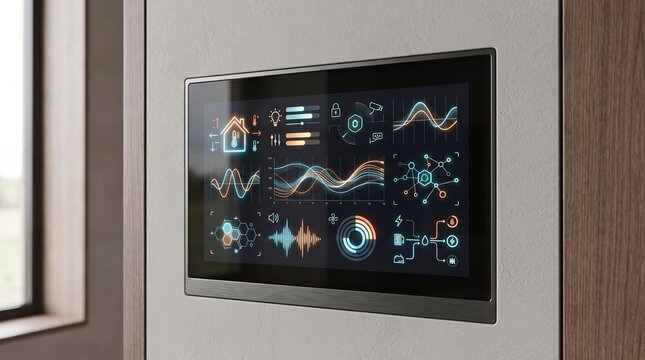 Futuristic smart home ecosystem control hub interface glowing on a modern minimalist wall displaying interactive digital graphs and advanced home automation network data metrics.