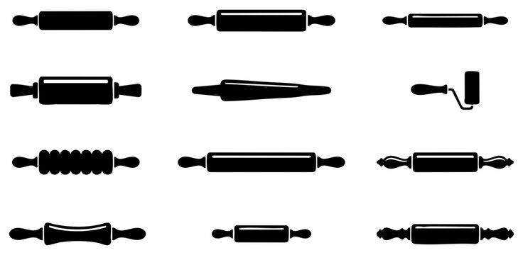 Set of black rolling pin icons for baking and kitchen tools design elements