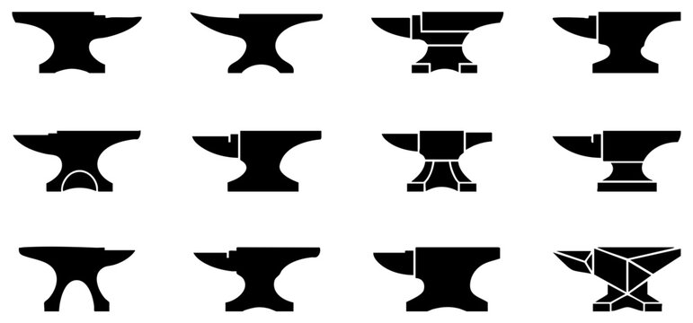 Set of black anvil icons representing blacksmith tools and metalworking equipment