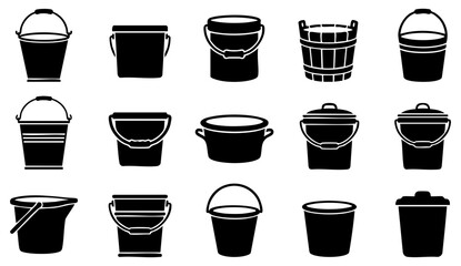 Set of black bucket icons showing various shapes and styles for cleaning and garden use © Milon Store