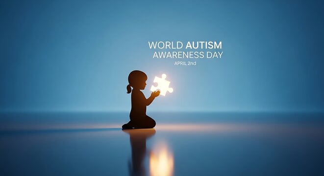 Little child kneeling holding glowing puzzle piece symbolizing autism